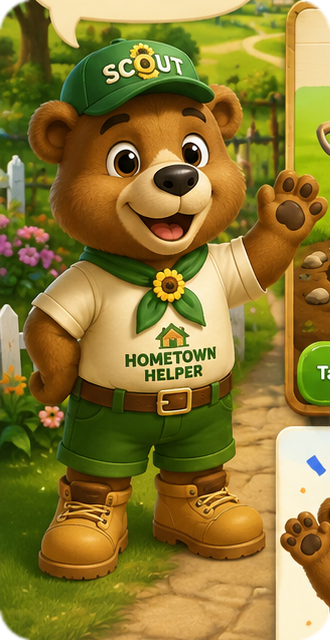 Scout, the friendly Hometown Helper bear mascot